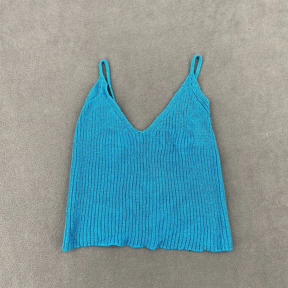 Womens Cropped Tank Top Blue Cotton Tight Knit Spaghetti‎ Strap V Neck Modern